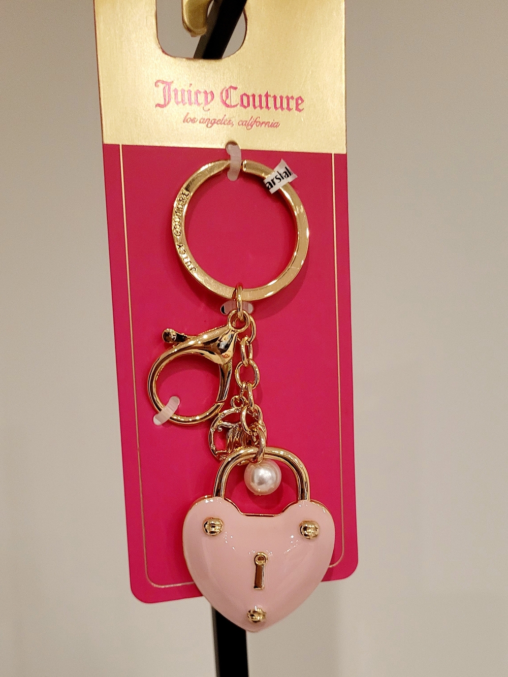 Juicy Couture Pink Heart Padlock Keychain with Gold Hardware and Pearl Accent